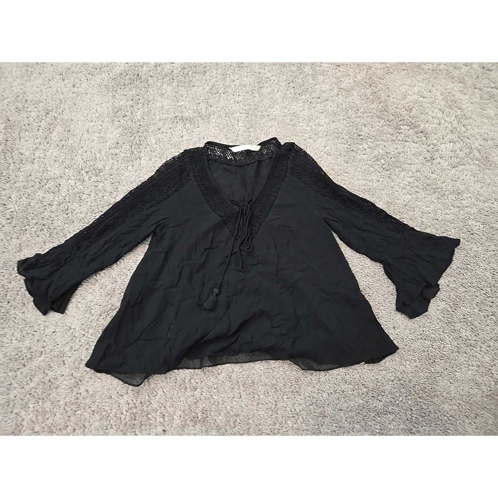 Zara Trafaluc Blouse Womens XS Black Crochet Trim V-Neck Bell Sleeve Boho